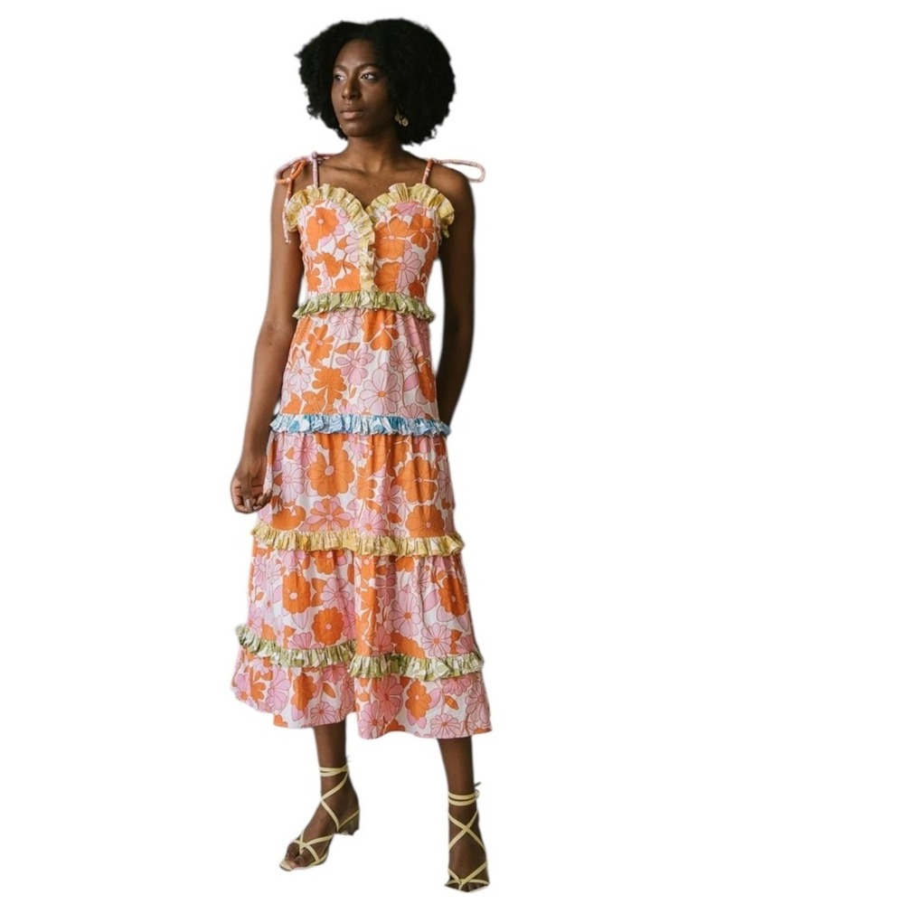 CELIA B bloom Dalia floral Maxi Dress Ruffle Tiered Tie Straps size Small